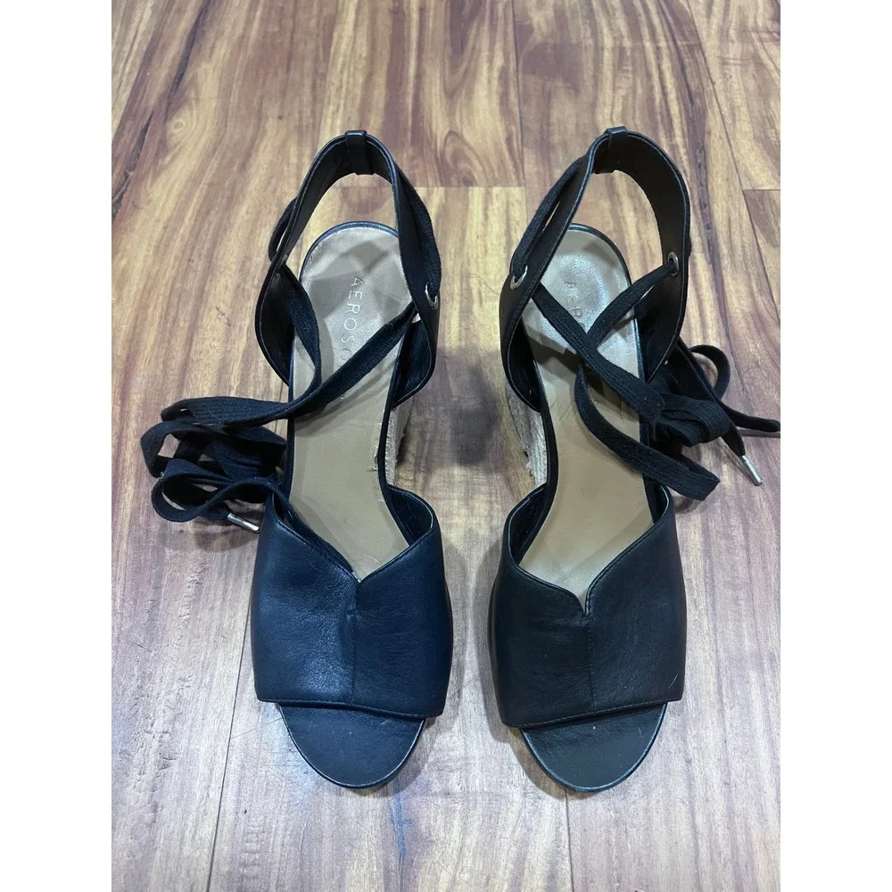 Aerosoles Black Lace Up Espadrille Wedge Sandals Women's 6 Open Toe Slingback‎